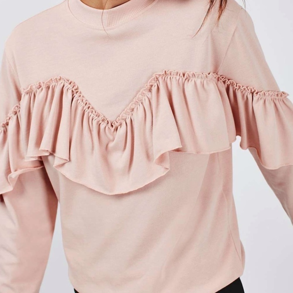 Topshop Ruffle Front Cotton Blend Crew Neck Sweatshirt In Light Pink